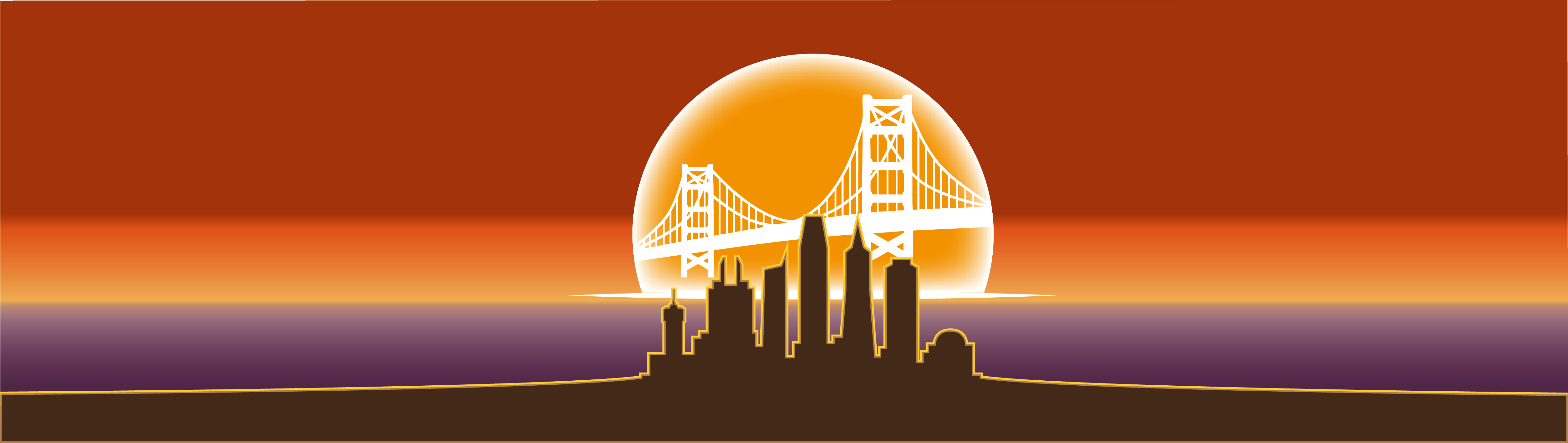 Skyline of San Francisco, and golden bridge. With Red, yellow and purple backghround